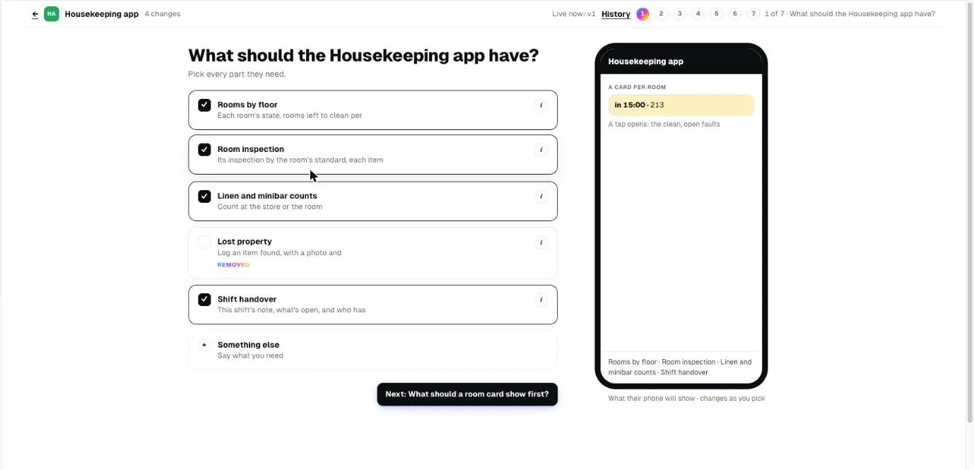 Choosing the parts of a housekeeping app, with the phone preview beside it